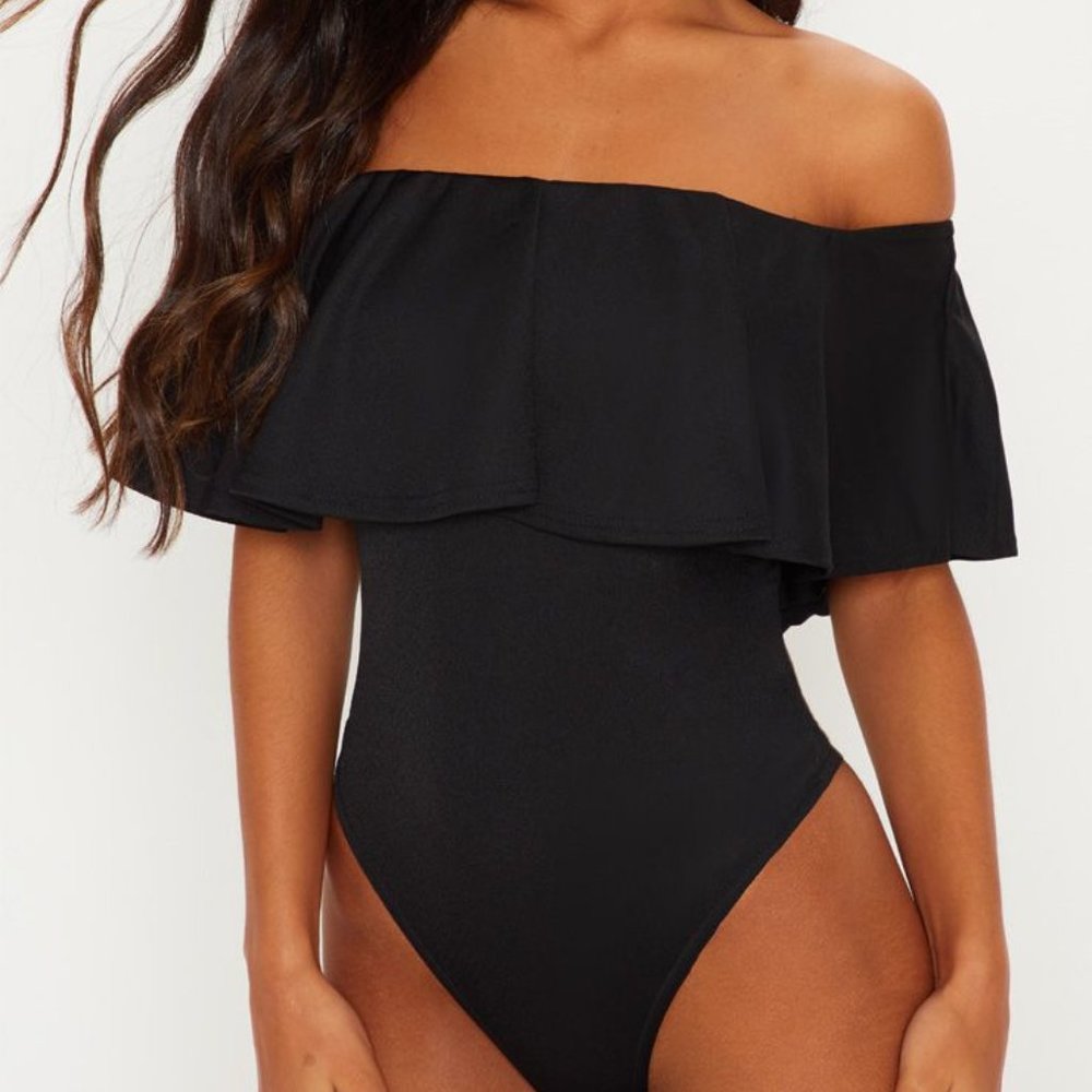 Black Bardot Frill Bodysuit